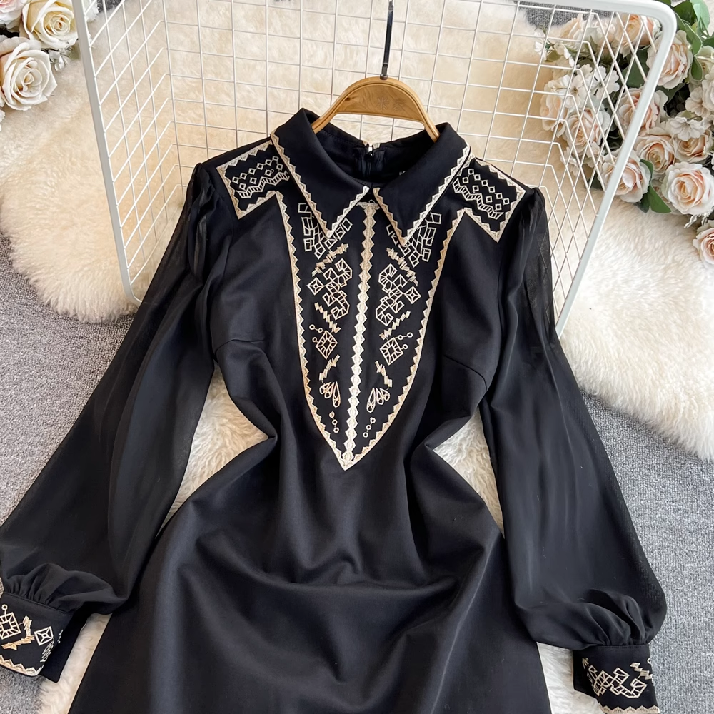Spring and Autumn Long Sleeved Embroidered Mid Length A Line Dress 1706