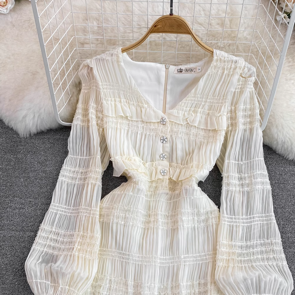 Vintage Long Sleeves V Neck Ruffled Short A Line Chiffon Dress 1628