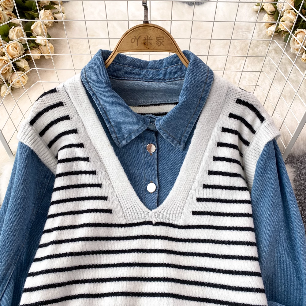 Denim Splicing Polo Collar Striped Sweater Pullover Shirt Women's Casual Top Autumn 1400