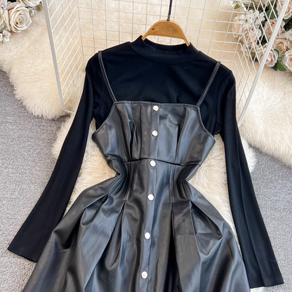 Autumn and Winter Twopieces Set A Line Pu Leather Suspender Dress 1476