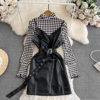 Spring and Autumn Two Pieces V Neck PU Leather Suspender Dress 1402