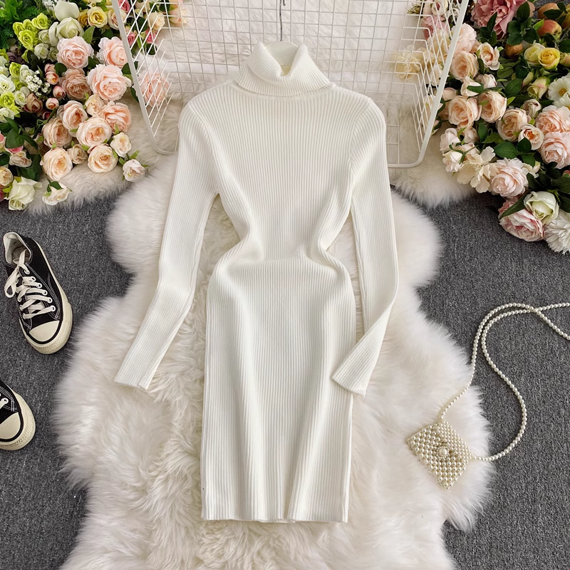 Autumn and Winter Knitted Dress Knee Length Long Sleeves Sweater Dress 1715