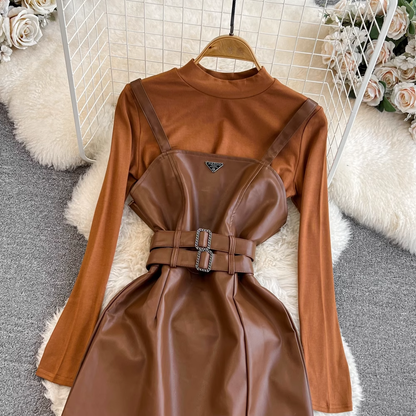 Autumn and Winter Long Sleeved Two Pieces Set A Line PU Leather Suspender Dress 1454