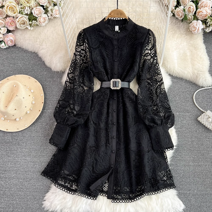 Long Sleeves Stand Collar Hollow A Line Lace Dress 1662