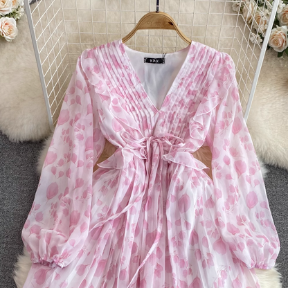 Autumn V Neck Bubble Long Sleeves Floral A Line Pleated Dress 1615