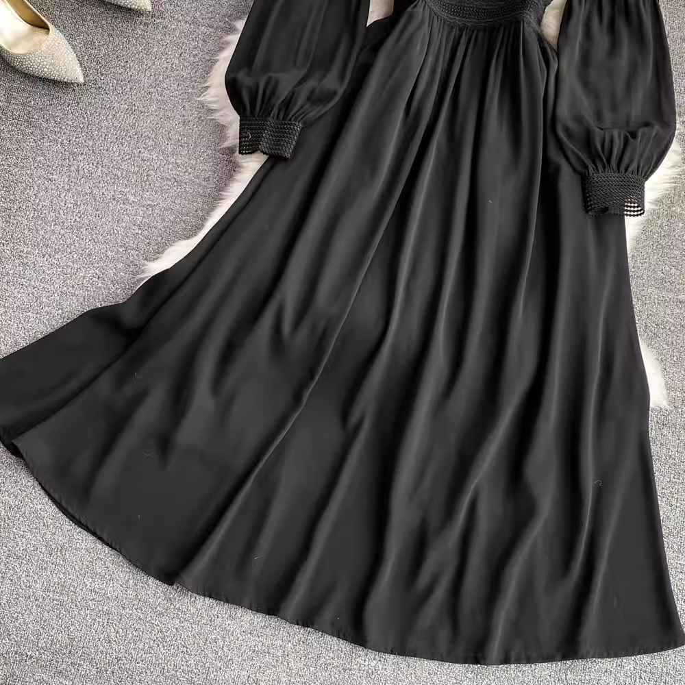 Retro Stand Collar Lace Chiffon A Line Elegant Dress 1566