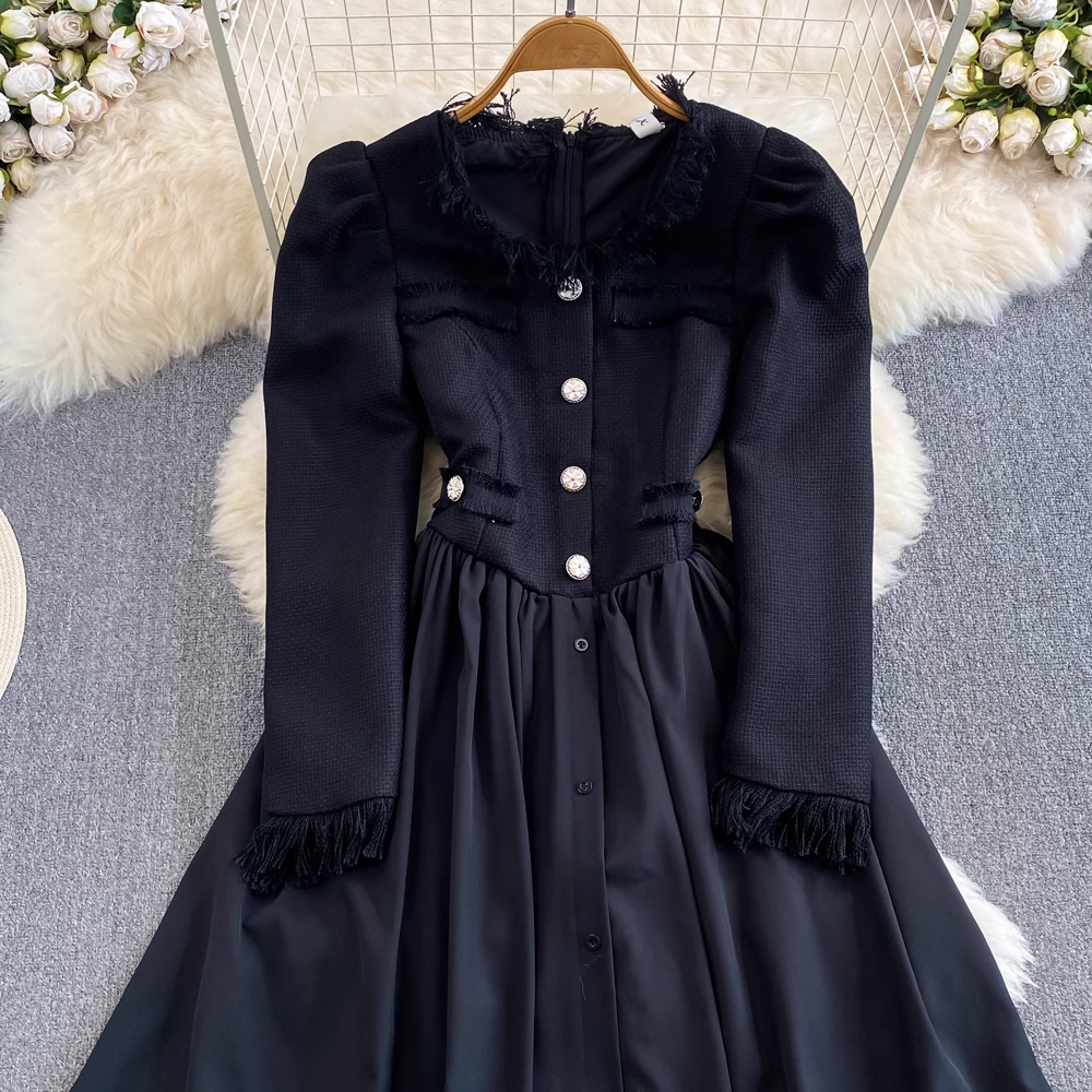 Autumn and Winter Long Sleeved Fringed Round Neck A Line Puffy Dress for Women 1373