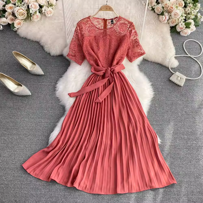 Summer Round Neck Elegant Lace A Line Pleated Dress 1571