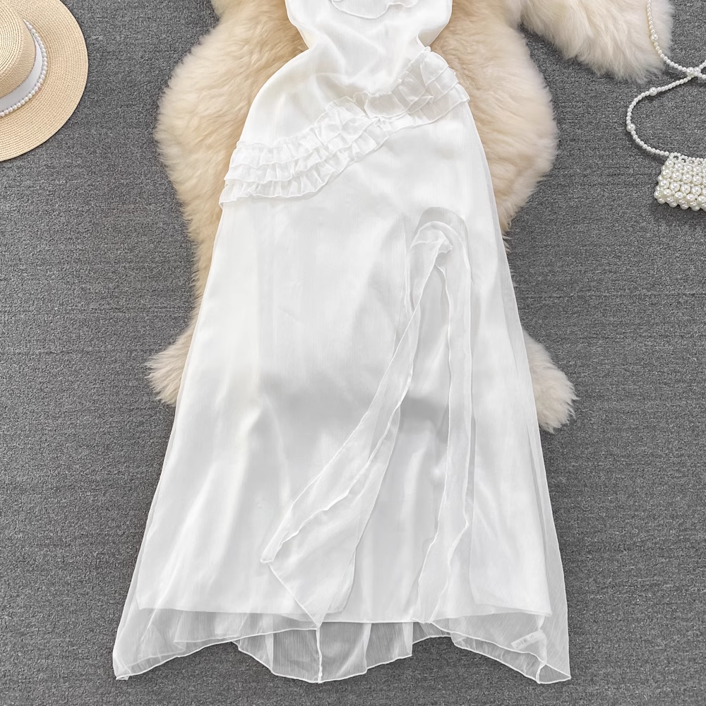 White Fairy Slit A Line Ruffle Dress 1685