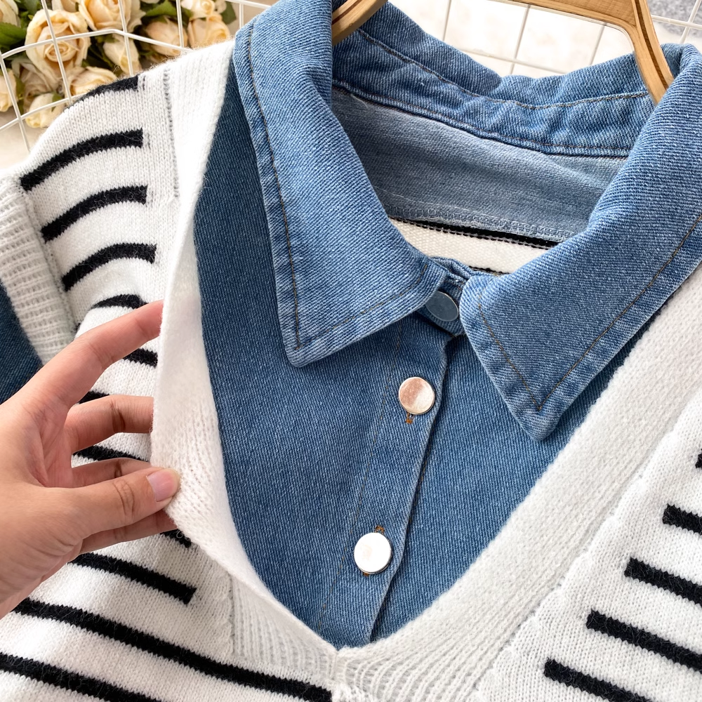 Denim Splicing Polo Collar Striped Sweater Pullover Shirt Women's Casual Top Autumn 1400