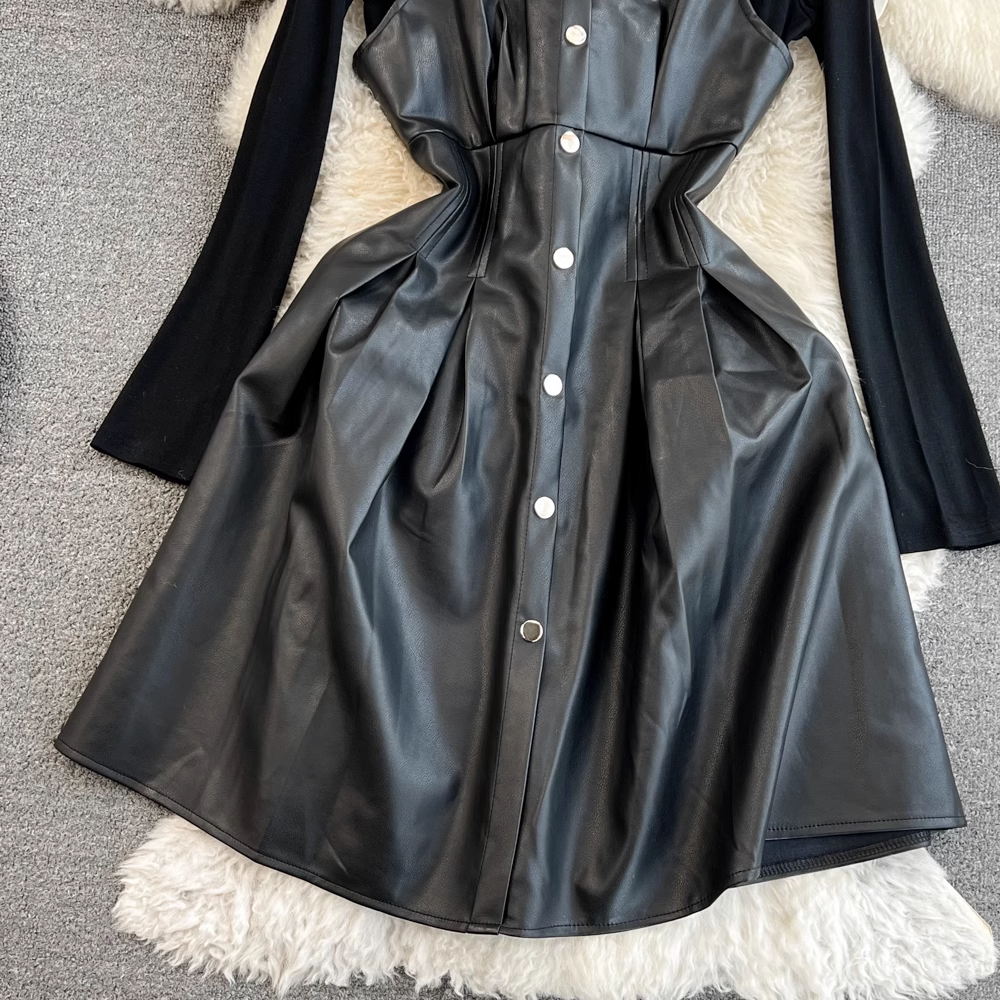 Autumn and Winter Twopieces Set A Line Pu Leather Suspender Dress 1476