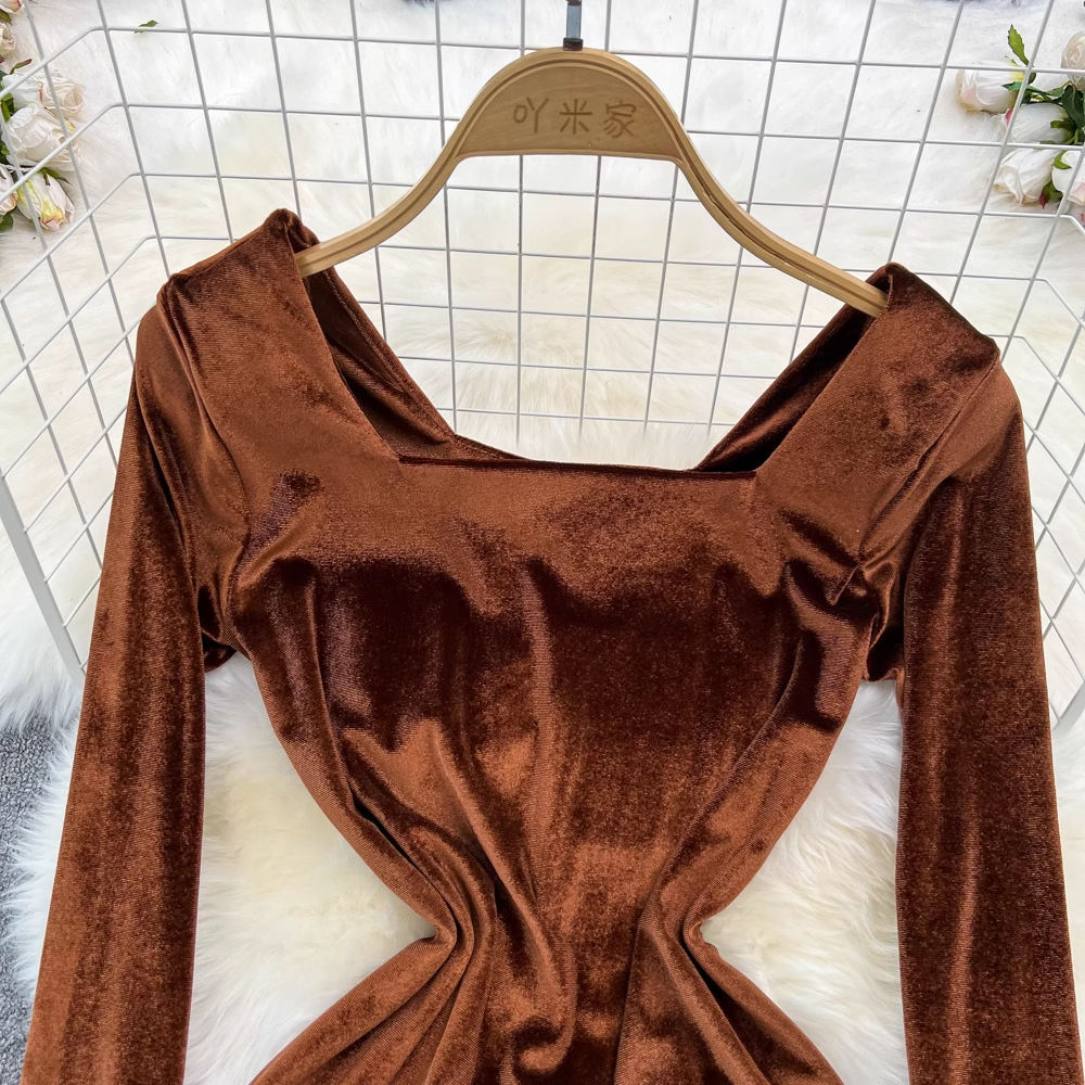 Autumn and Winter Long Sleeved Square Collar Mid Length Velvet Dress 1361