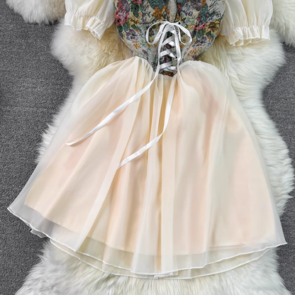 Sweet Short Sleeves Square Neck A Line Dress Fairy Fluffy Princess Dress 1659