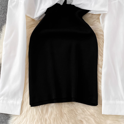 Autumn Shirt Long Sleeve Knitted Round Neck Short Skirt 1610