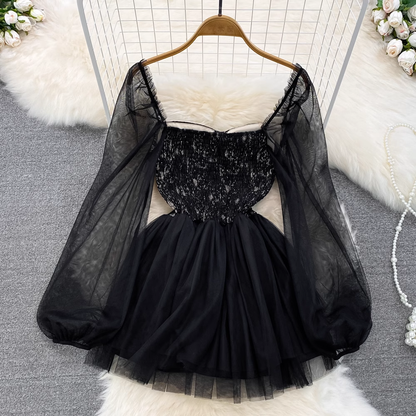 Sexy Square Neck Long Sleeve Puff Lace Short Dress 1617