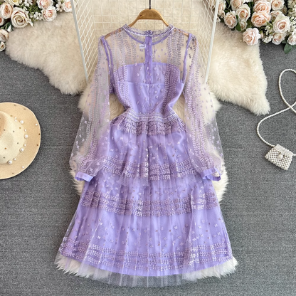 Spring and Autumn Retro Round Neck Lace A Line Mesh Embroidered Dress 1651
