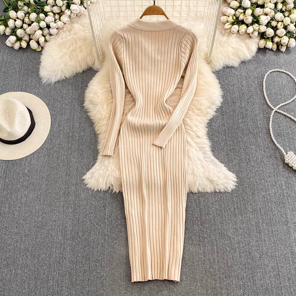 Autumn and Winter Long Sleeved V Neck Mid Length Knitted Dress for Women 1368