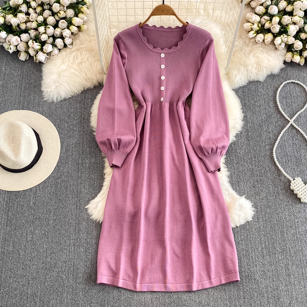Autumn and Winter Long Sleeved Round Neck Mid Length A Line Knitted Dress 1454