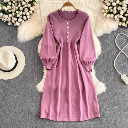 Autumn and Winter Long Sleeved Round Neck Mid Length A Line Knitted Dress 1454