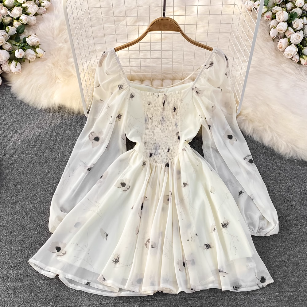 Korean Style Square Collar Long Sleeves Flora A Line Princess Fluffy Dress 1600