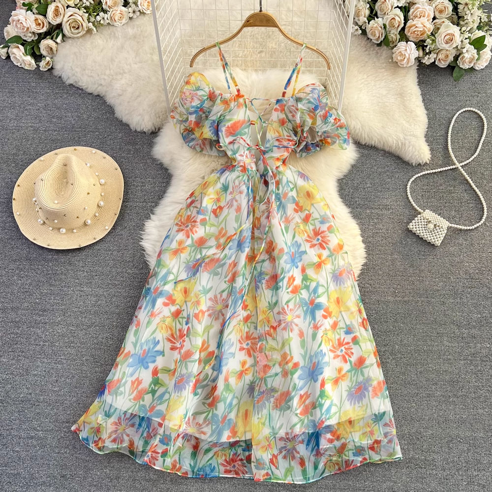 Fairy Floral Backless A Line Printed Chiffon Dress Summer 1652