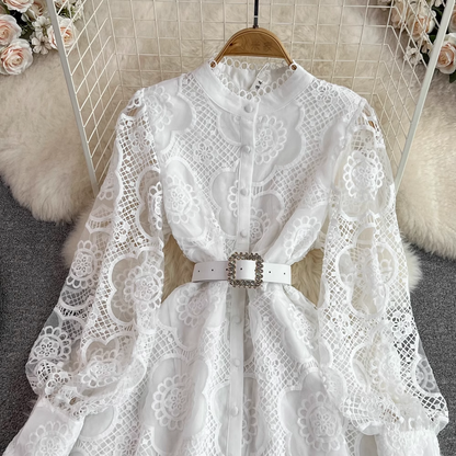 Long Sleeves Stand Collar Hollow A Line Lace Dress 1662