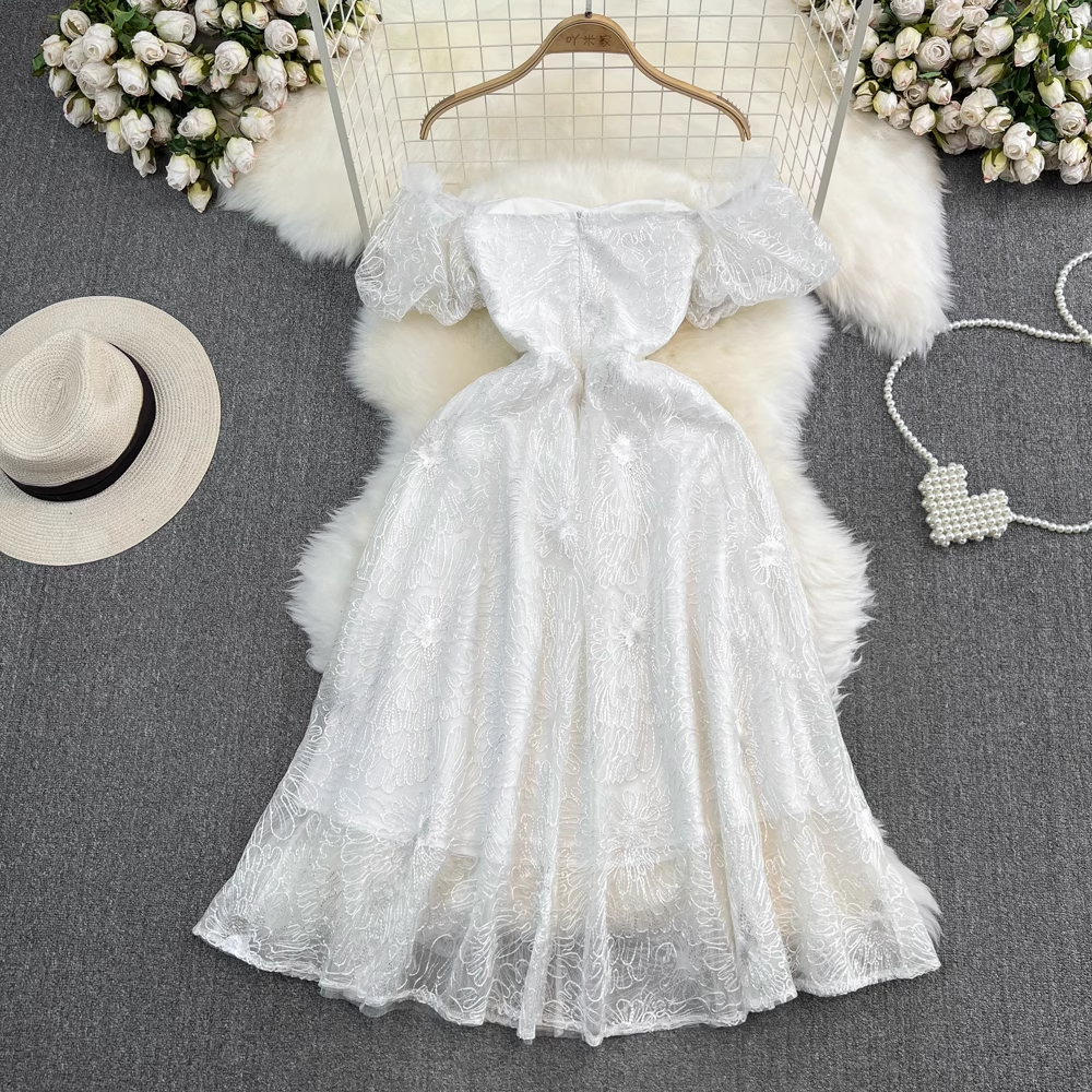 Summer Short Sleeves Square Collar A Line Lace Embroidery Princess Dress Wedding dress  1677