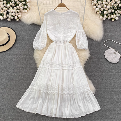V Neck White Hollow Lace A Line Dress 1573