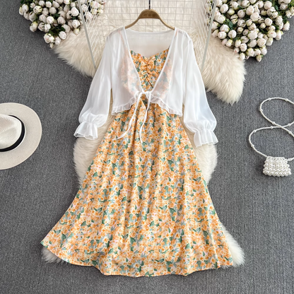 Fairy Chiffon Cardigan Sleeveless A Line Floral Dress Two Pieces Set 1584