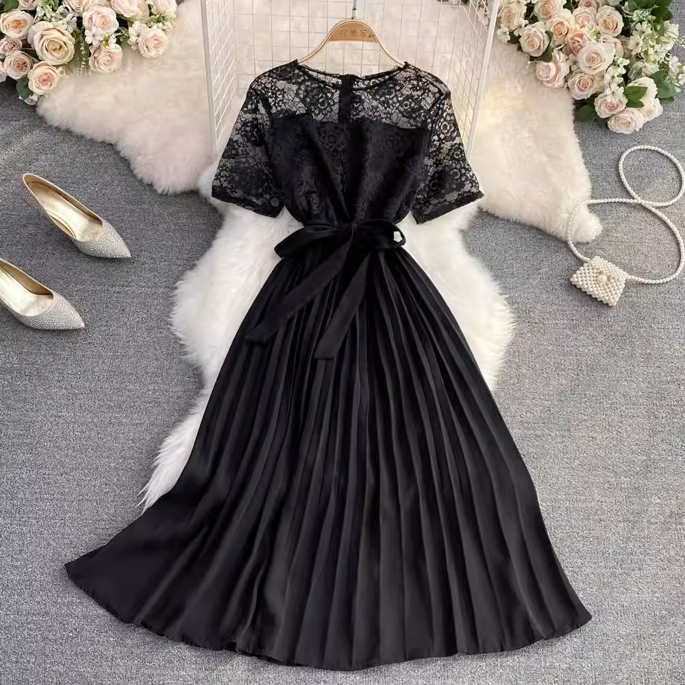 Summer Round Neck Elegant Lace A Line Pleated Dress 1571