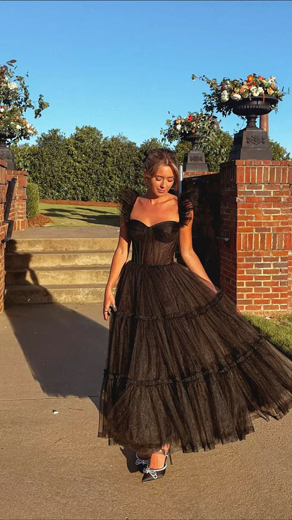 A Line Black Tulle Prom Dresses Senior Prom Gowns 2115