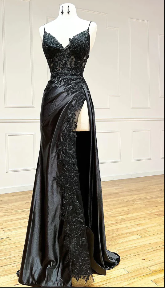 Spaghetti Straps Black V-Neck Slit Long Prom Dress 2102