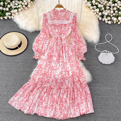 Spring and Autumn Retro Long Dress Fairy Floral Ruffled Stand Collar Dress 1767