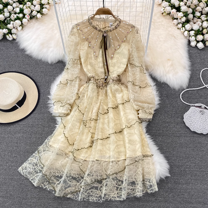 Spring Fairy Mid-length Round Neck Dress Beaded Lace Fall Dress 1768