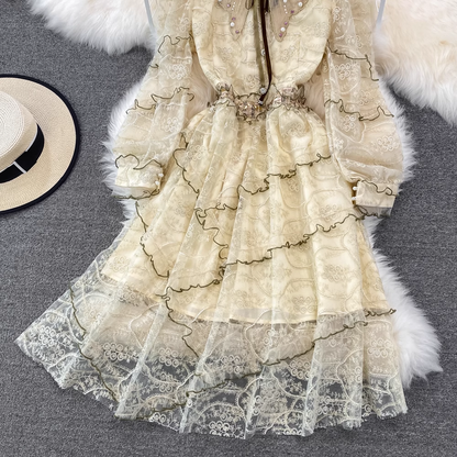 Spring Fairy Mid-length Round Neck Dress Beaded Lace Fall Dress 1768
