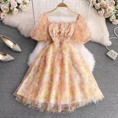French Square Neck Floral Dress Summer Retro Sweet Chic Dress 1771