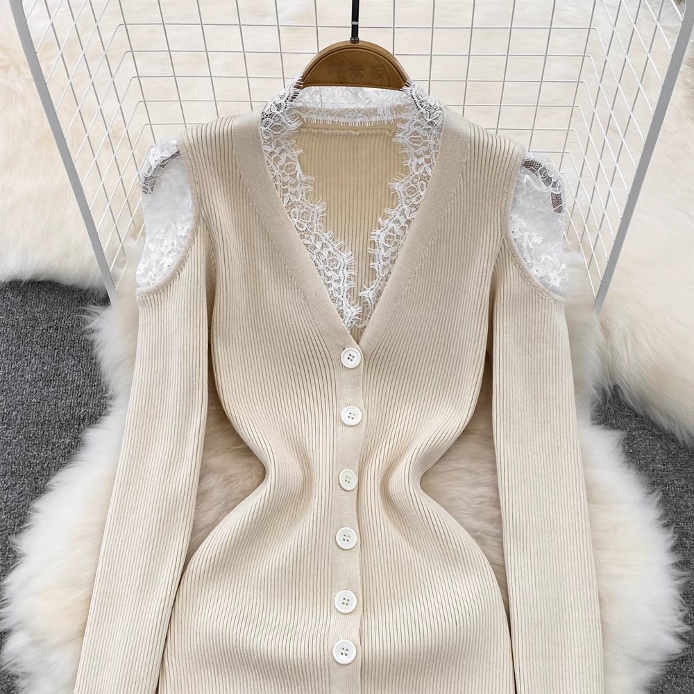 Retro V-neck Lace Knitted Dress Autumn and Winter Sweater Dress 1778