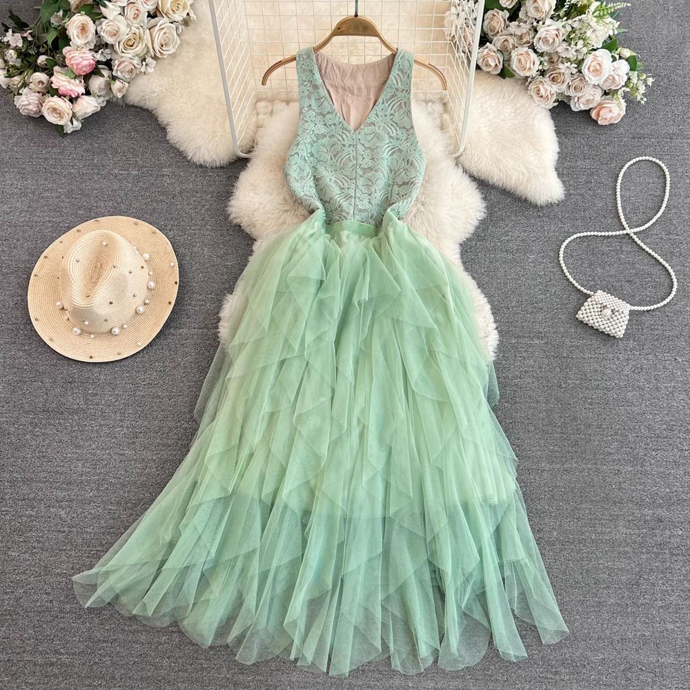 Sleeveless V-neck Lace Dress A-line Mesh Elegant Long Dress 1784