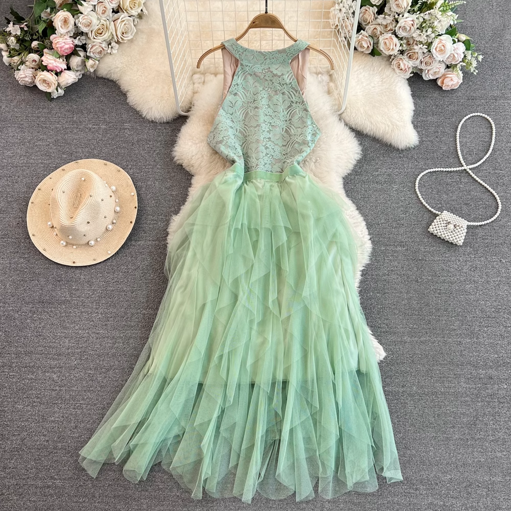 Sleeveless V-neck Lace Dress A-line Mesh Elegant Long Dress 1784
