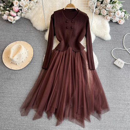 Long-sleeved Knitted A-line Mesh Dress Two-piece Vest Jacket 1788