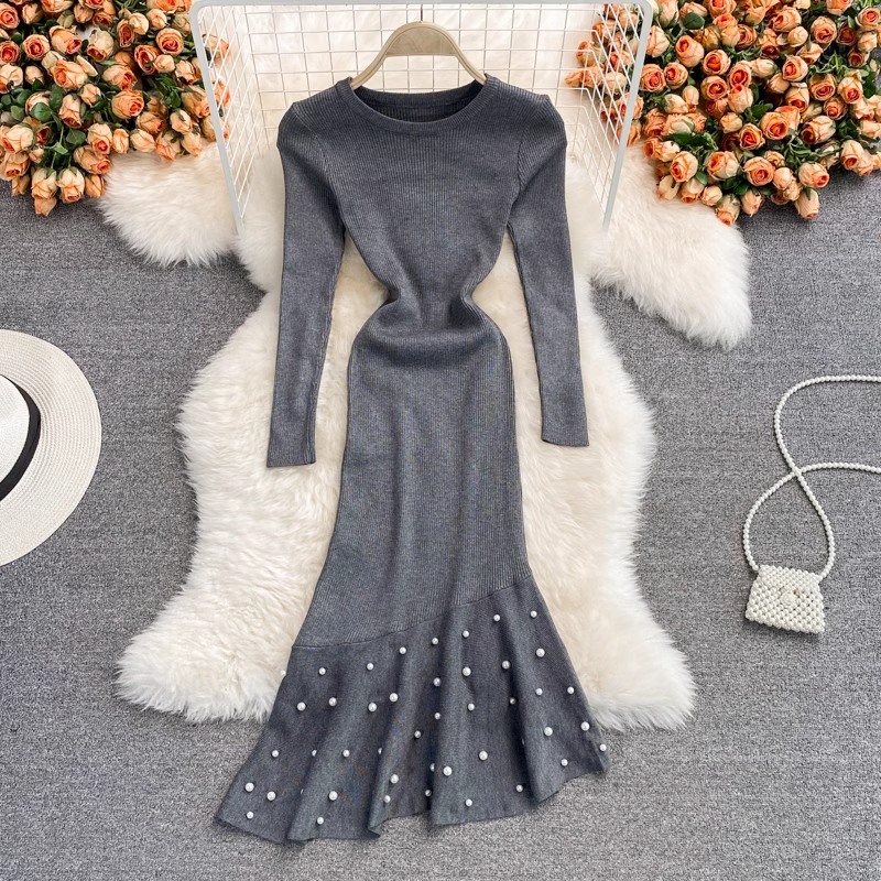 Stretch Knitted Skirt Autumn and Winter Beaded Mermaid Dress 1793