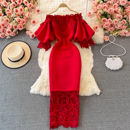Retro Red Lace Dress with Lantern Sleeves Sheath Prom Dress 1795