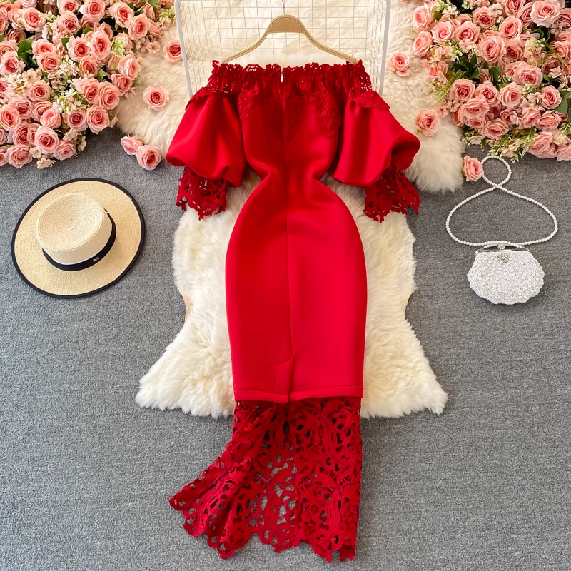 Retro Red Lace Dress with Lantern Sleeves Sheath Prom Dress 1795