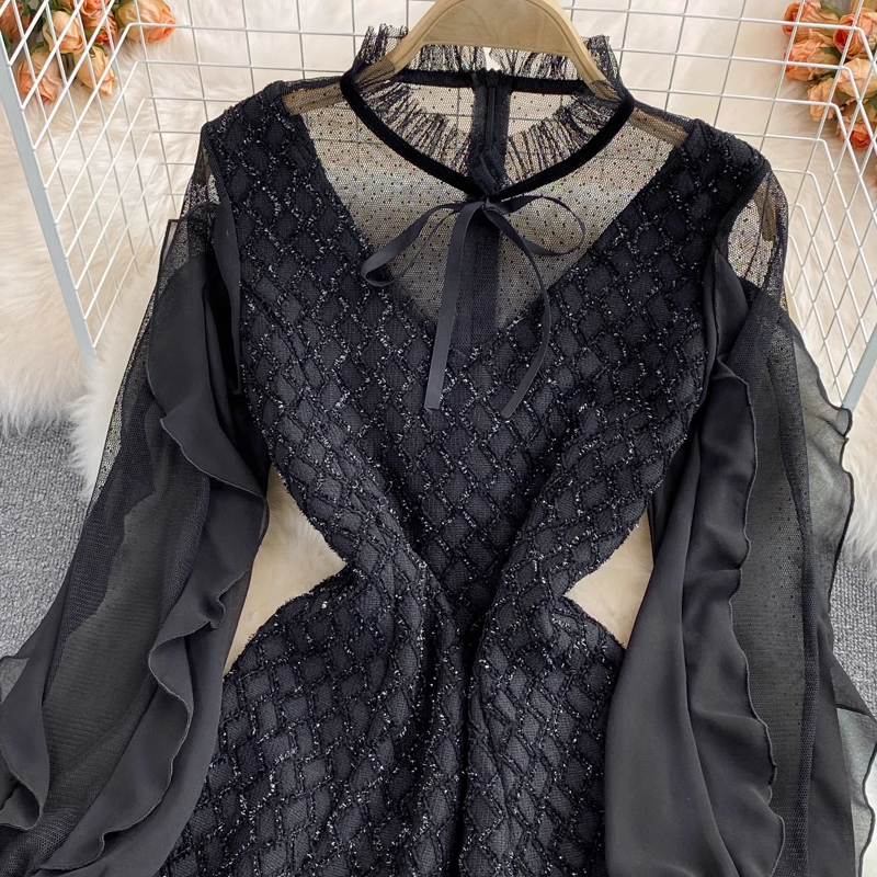 Ruffled Stand Collar Dress Autumn A Line Mesh Black Dress 1797