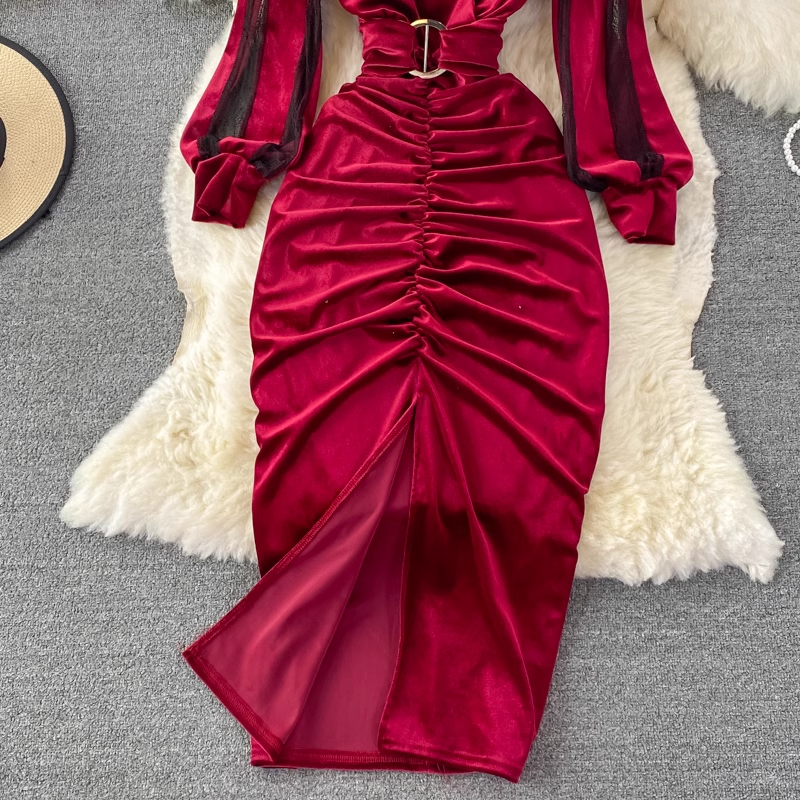 Autumn and Winter Sexy V-neck Velvet Slit Dress 1798