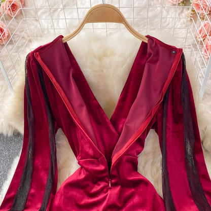 Autumn and Winter Sexy V-neck Velvet Slit Dress 1798