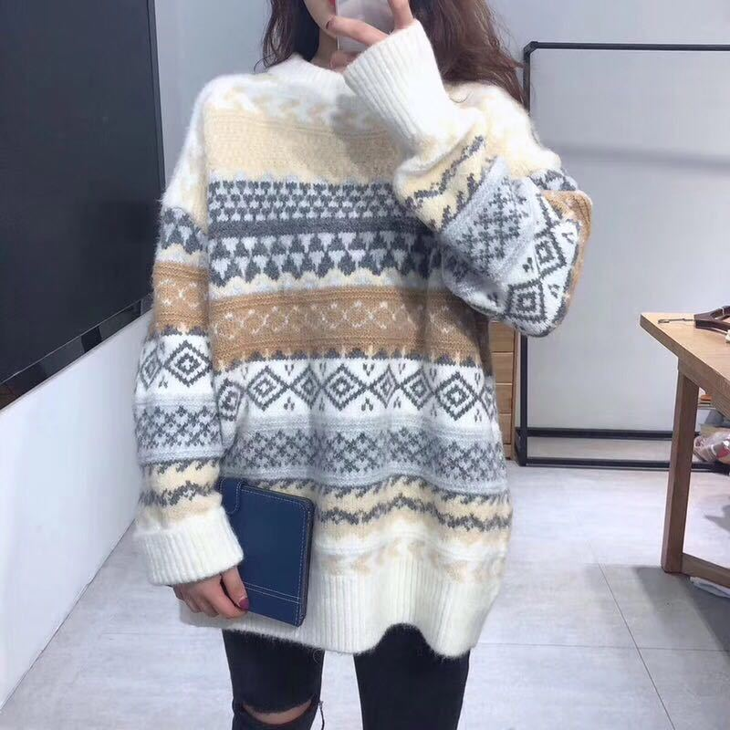 Round Neck Autumn and Winter Loose Retro Long-sleeved Sweater 1829