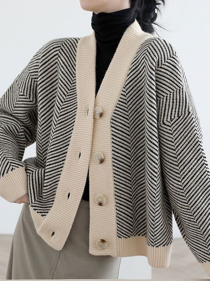 Retro Knitted Cardigan Striped V-neck Sweater Jacket 1834
