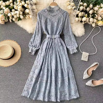 Sweet Autumn and Winter Hollow Lace Stand-up Collar Mid-length Fairy Dress 1802