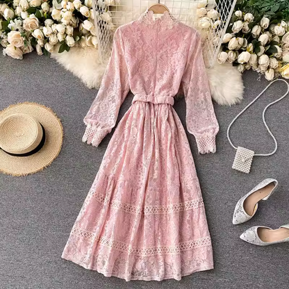 Sweet Autumn and Winter Hollow Lace Stand-up Collar Mid-length Fairy Dress 1802